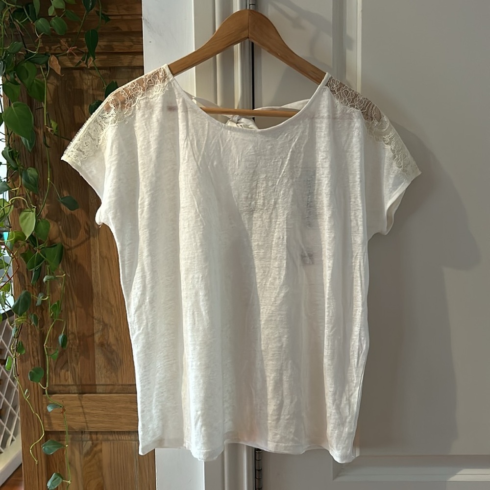 NWT Sezane Ecru Linen and Lace Short Sleeve Top - Picture 5 of 16